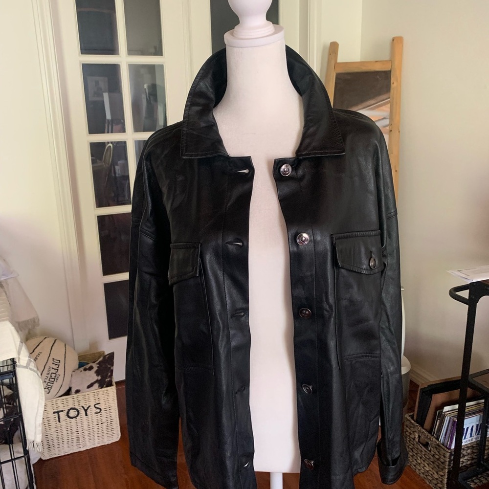 Classic Black Leather (pleather) Jacket - Women's Button-Front Coat